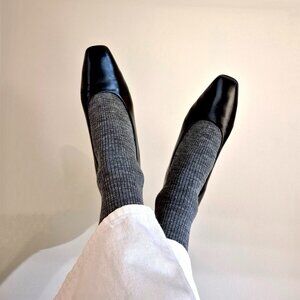 Black Leather Square Toe Block Heel Pumps